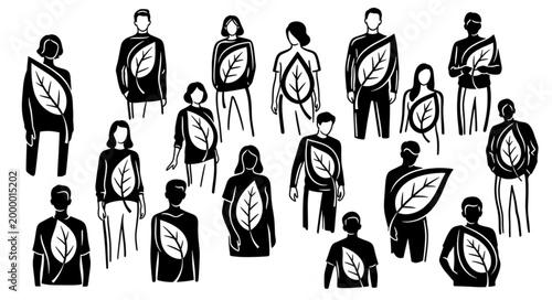 Diverse group of people wearing shirts with leaf symbols.