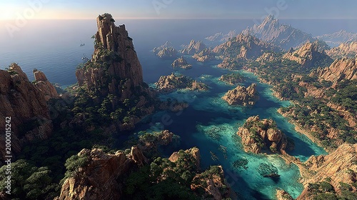 Sunrise Over Coastal Rock Archipelago, Turquoise Ocean Cove with Rugged Granite Peaks, Lush Vegetation and Boats, Scenic Tropical Seaside Landscape