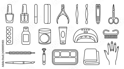 Minimal manicure line icons set with nail polish, clippers, tweezers, scissors, UV lamp, files, hand, cream, cotton pads and salon tools