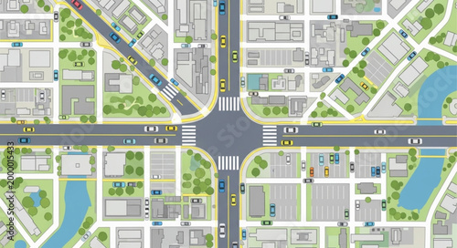 Aerial view of a busy city intersection with cars and buildings.
