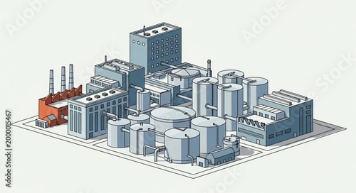 Industrial Power Plant Complex With Multiple Structures And Smokestacks.