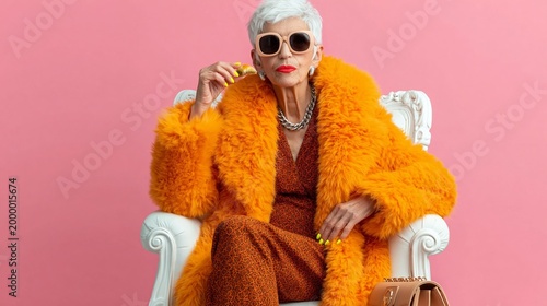 Elderly woman with short white hair wearing oversized sunglasses and an orange fur coat poses confidently in a white chair against a pink background