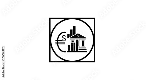Foto Finance icon black and white illustration of bank euro and dollar symbols