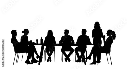 Silhouette people meeting around table isolated on transparent background, Vector
