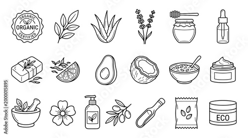 Organic skincare line icons set with aloe vera, herbs, honey, avocado, soap, cream, serum, flowers, eco label and natural beauty products