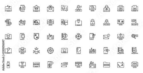 Cyber Crimes icon set. Minimalist vector pack. Includes symbols for phishing, hacker, ransomware, data theft, antivirus, spyware, password, security and more. Editable stroke.