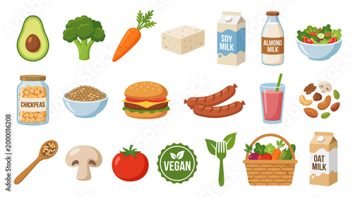 Vegan food vector set with avocado, broccoli, carrot, beans, oatmeal, burger, plant milk, salad, smoothie, nuts and healthy plant based diet icons