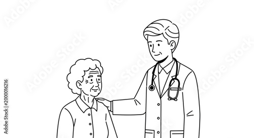 Doctor comforting elderly patient with a reassuring hand on shoulder.