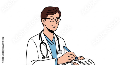 Doctor wearing glasses and stethoscope writing on a prescription pad.