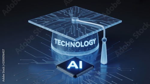 AI and technology graduation cap on circuit board background