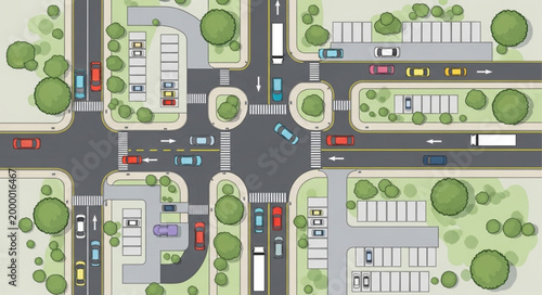 Aerial view of busy city intersection with traffic and trees.
