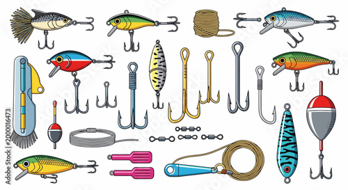 Fishing tackle set, various lure, bait, hook, bobber, reel, line, float, sinker. Fishing hobby vector illustration for design
