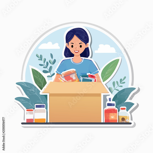 Woman Packing Donation Box with Food and Supplies