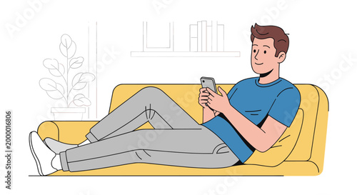 Young man relaxing on a yellow sofa using a smartphone at home, simple interior background for daily life and leisure vector illustration