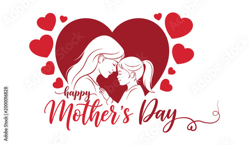 Mother and daughter silhouette in red heart with floating hearts and happy mothers day text love