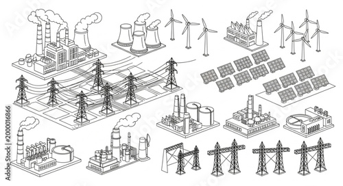 Industrial energy infrastructure and power generation facilities illustration.