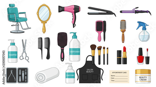 Beauty salon and cosmetic products vector set with styling chair, mirror, hair dryer, straightener, curling iron, brushes, makeup, shampoo and nail polish