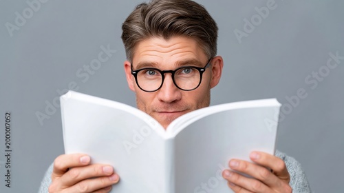 Male reader with glasses holding an open book, looking at the camera with a neutral expression, gray background providing a clean and simple backdrop for the subject