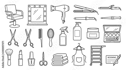 Beauty salon line icons set with chair, mirror, hair dryer, scissors, razor, comb, spray bottle, shampoo, makeup, towel and waxing tools