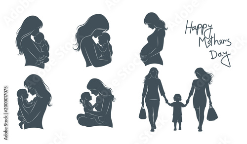 Silhouettes of mothers with children in various poses with happy mothers day text family pregnancy