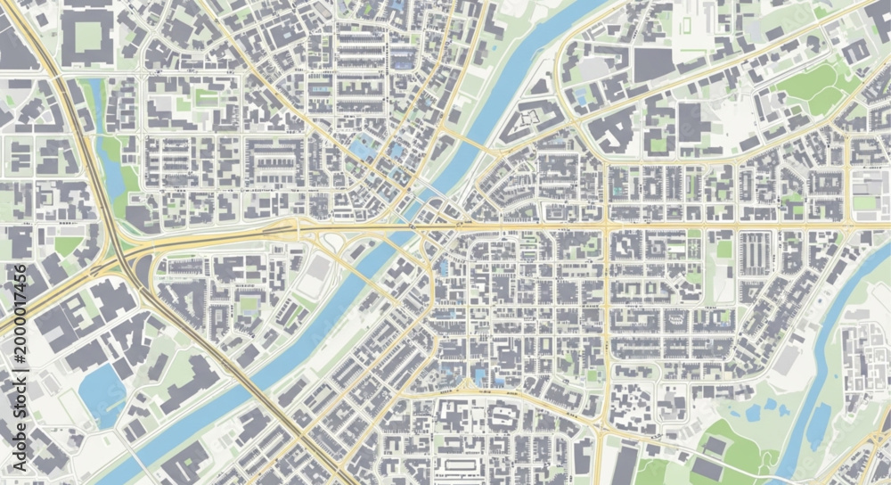 Obraz premium Aerial view of a city map with river and roads.
