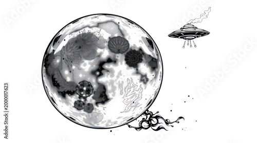 Moon Landing Science Fiction Illustration with a Mysterious Flying Saucer Approaching the Cosmic Lunar Surface