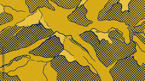 Abstract two-tone yellow and blue mountain terrain background with comic pop art halftone dot shading