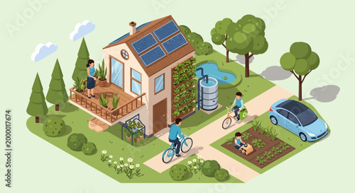 Family living sustainably in modern eco house with solar panels