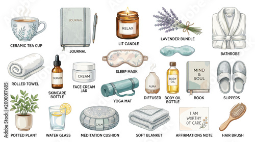 Cozy self care vector set with tea, journal, candle, lavender, robe, slippers, bath soap, hand cream, sleep mask, pillow and relaxing home essentials