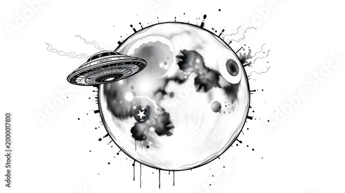 Space Themed Artwork Featuring an Abstract Ufo Flying Past a Stylized Full Moon