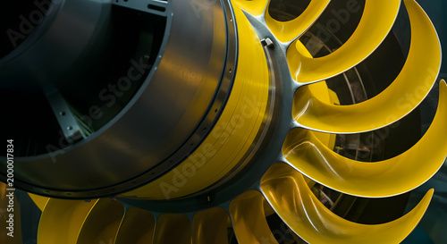 Close up tidal energy underwater turbine blade anti corrosive yellow composite marine engineering.