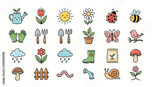Colorful garden and nature icons set.
