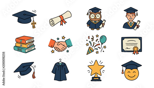 Graduation icons and education symbols.