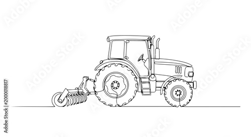 Farm tractor with soil cultivation equipment. One line drawing minimalist vector illustration. Continuous line art of agricultural machinery isolated on white background