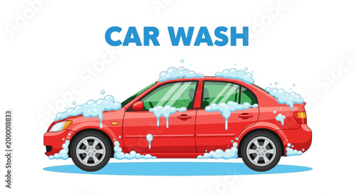 Illustration of a red car being washed with soap suds on a clean white background.