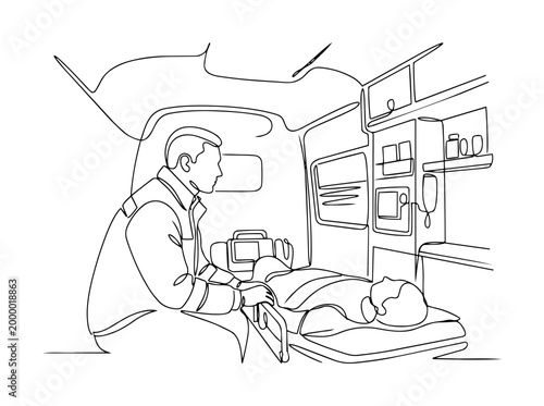 Paramedic inside ambulance with patient line art. Emergency medical service continuous one line drawing vector