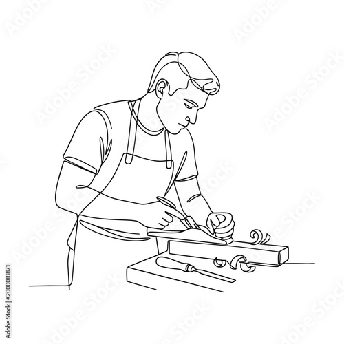 Carpenter working with wood. Woodworking craftsman concept. Continuous line art vector illustration