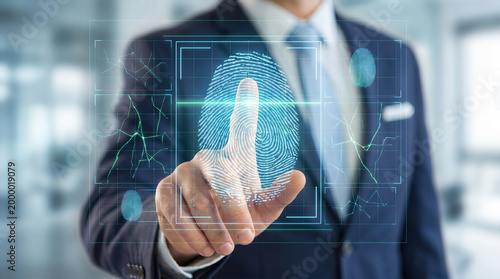 Biometric fingerprint scan and digital identity verification technology. Businessman authentication for secure access and personal data protection. Cyber security and forensic identification system