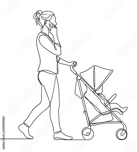 Woman on phone with baby stroller. Continuous line art illustration. Motherhood and multitasking concept. Vector graphic isolated on white background