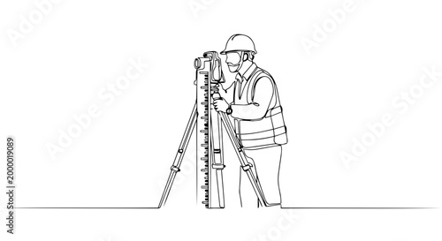 Surveyor with total station one line drawing. Continuous line art of engineer measuring land. Minimalist construction vector illustration