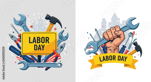 Graphic illustrations of Labor Day symbols with tools and fists.