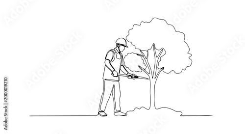 One line drawing of a gardener pruning a tree. Continuous line minimalist vector illustration of spring gardening