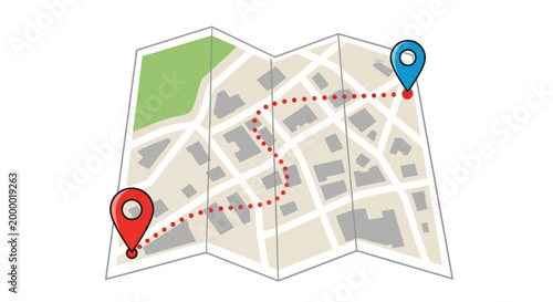 Illustration of a folded map with two location pins and a dotted route line on a city street background.