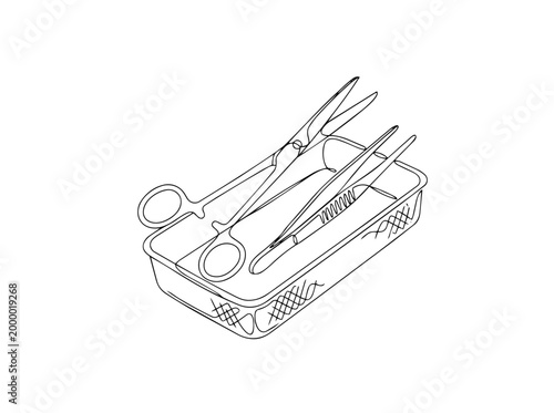 Surgical instruments in sterilization tray. Medical equipment concept. Continuous line art vector illustration