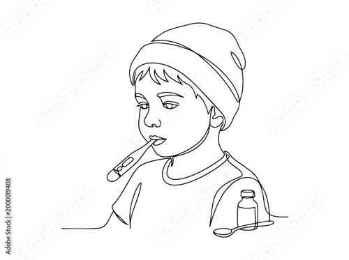 Young patient with thermometer in mouth. Sick child and medicine concept. Continuous line art vector illustration