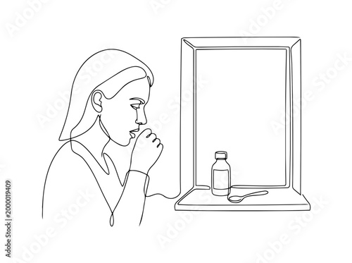 Woman coughing near medicine bottle line art. Healthcare and sickness concept. Continuous one line vector illustration