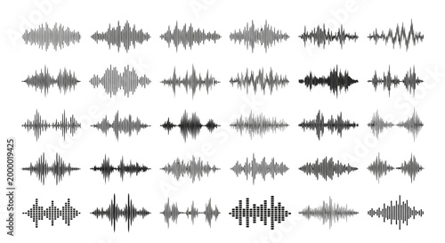 Collection of various grayscale sound wave patterns on a white background