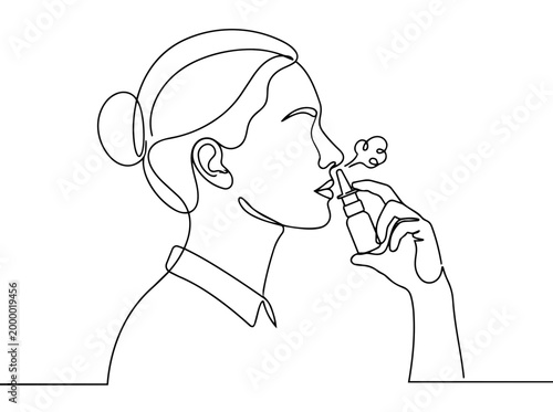 Woman using nasal spray for allergy or cold. Healthcare and medicine concept. Continuous line art vector illustration