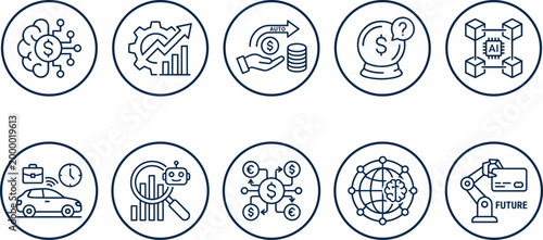 Fintech automation and artificial intelligence outline icon set for digital banking and financial analytics.