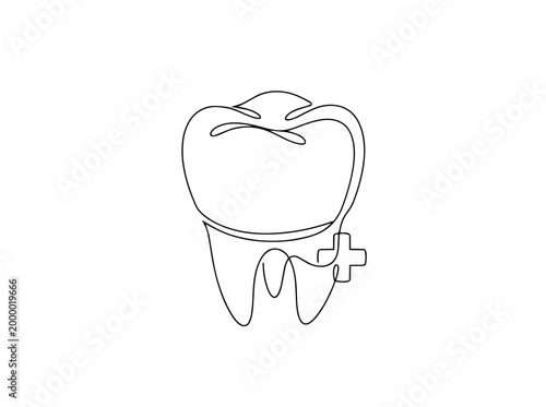 Dental crown and tooth with medical cross. Continuous line drawing illustration. Dentistry and oral healthcare symbol isolated on white background